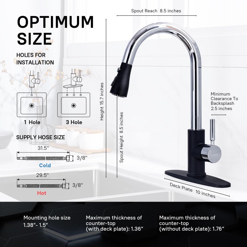WEWE Kitchen Sink Faucet, Pull Down Kitchen Faucet, Black and Chrome Kitchen Faucet with Sprayer Stainless Steel Single Handle one or Three Hole for Laundry bar Kitchen Sinks - Image 2